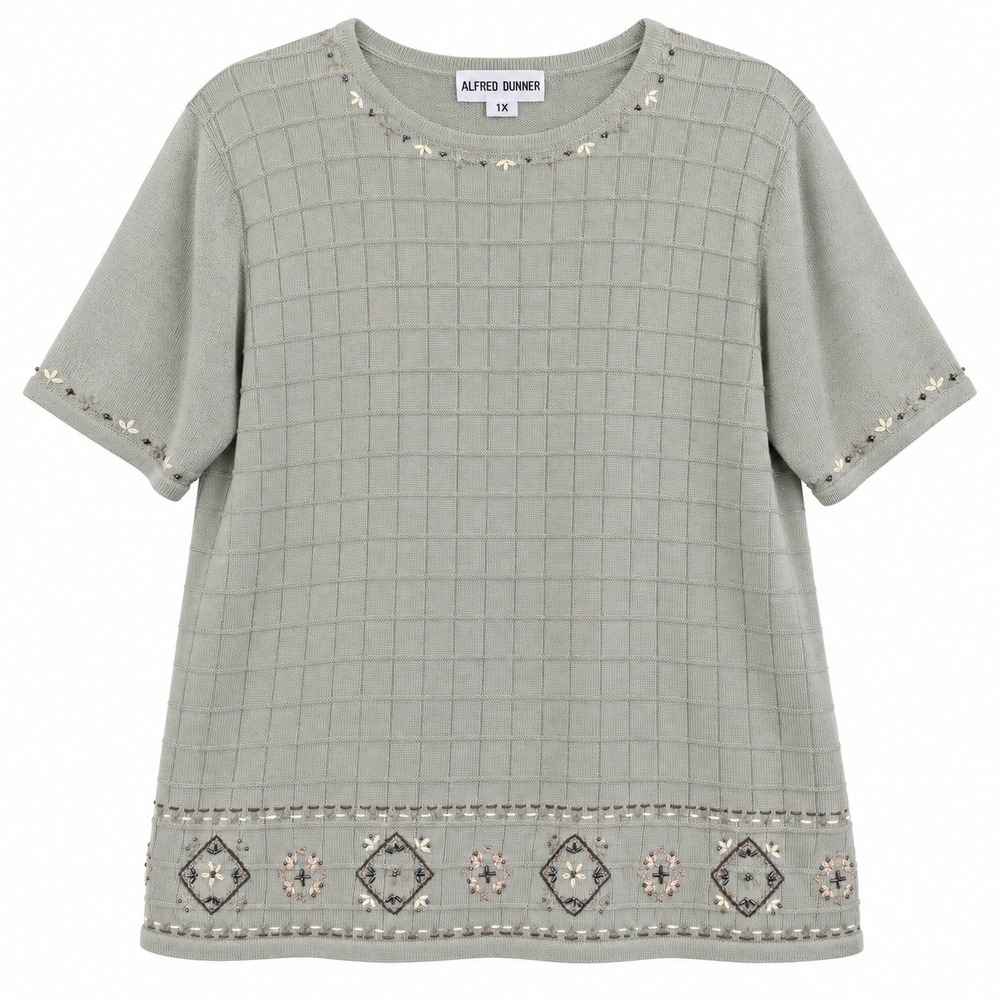 Alfred Dunner Knit Sweater Top Womens 1X Sage Green Excellent Beaded Floral Grid